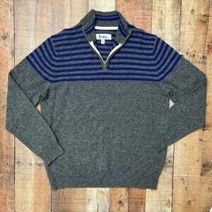 Boden Men’s Wool Half Zip Sweater XL Gray Blue Striped Pullover Warm Knit